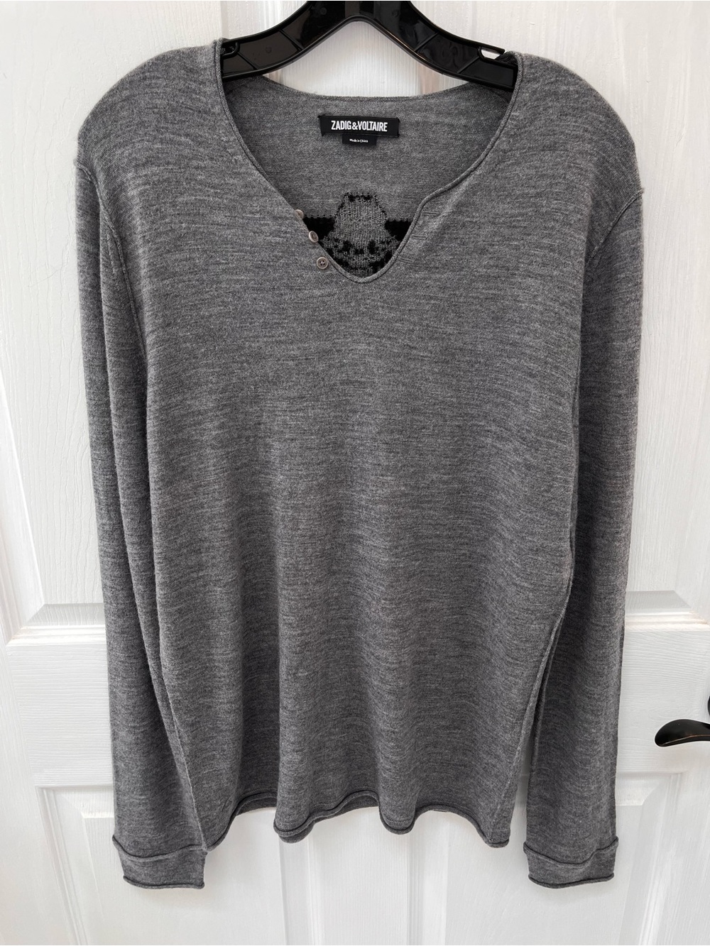 Zadig & Voltaire 100% Merino Wool Monastir Henley Charcoal Grey Sweater Men's L